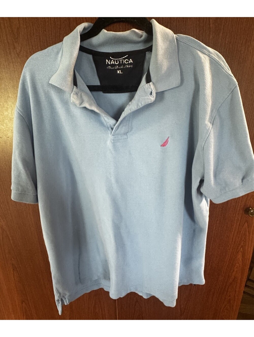 Nautica True Deck Shirt Mens XL Light Blue Pink Logo Cotton Polo Short Sleeve